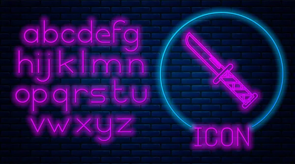 Gloeiende neon Militair mes icoon geïsoleerd op bakstenen muur achtergrond. Neon licht alfabet. Vector Illustratie — Stockvector