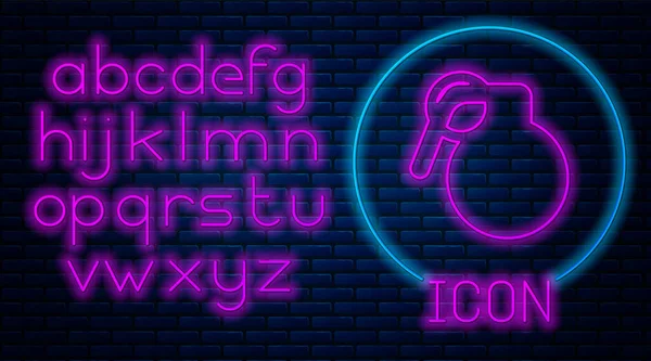 Gloeiende neon handgranaat pictogram geïsoleerd op bakstenen muur achtergrond. Explosie met bommen. Neon licht alfabet. Vector Illustratie — Stockvector