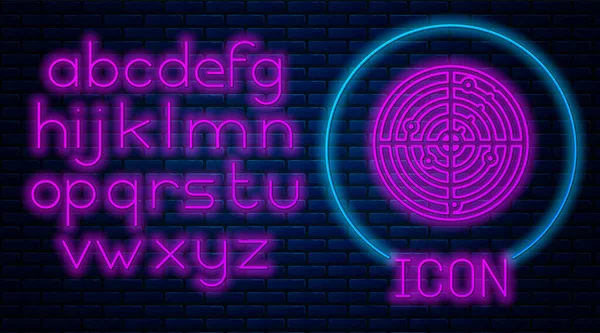 Glowing neon Radar with targets on monitor in searching icon isolated on brick wall background. Military search system. Navy sonar. Neon light alphabet. Vector Illustration — Stock Vector