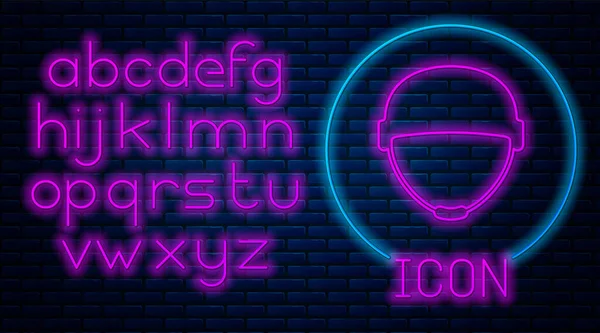 Zářící neon Vojenská přilba ikona izolované na pozadí cihlové zdi. Armádní klobouk symbol obrany a ochrany. Ochranný klobouk. Neonová světlá abeceda. Vektorová ilustrace — Stockový vektor