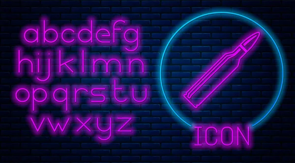 Gloeiende neon Bullet icoon geïsoleerd op bakstenen muur achtergrond. Neon licht alfabet. Vector illustratie — Stockvector