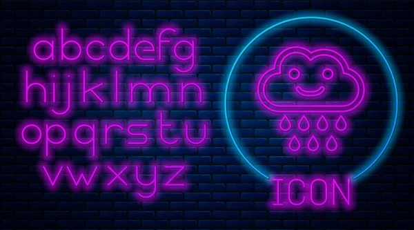 Glowing neon Cloud with rain icon isolated on brick wall background. Rain cloud precipitation with rain drops. Neon light alphabet. Vector Illustration — Stock Vector