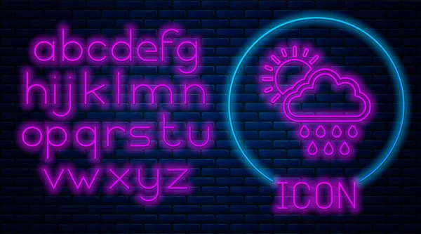 Glowing neon Cloud with rain and sun icon isolated on brick wall background. Rain cloud precipitation with rain drops. Neon light alphabet. Vector Illustration — Stock Vector