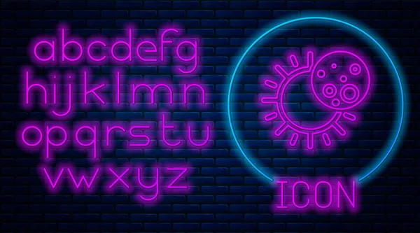 Glowing neon Eclipse of the sun icon isolated on brick wall background. Gerhana sonar total. Alfabet cahaya neon. Ilustrasi Vektor - Stok Vektor