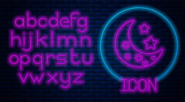 Glödande Neon måne och stjärnor ikon isolerad på tegelvägg bakgrund. Neonljus alfabetet. Vektor illustration — Stock vektor