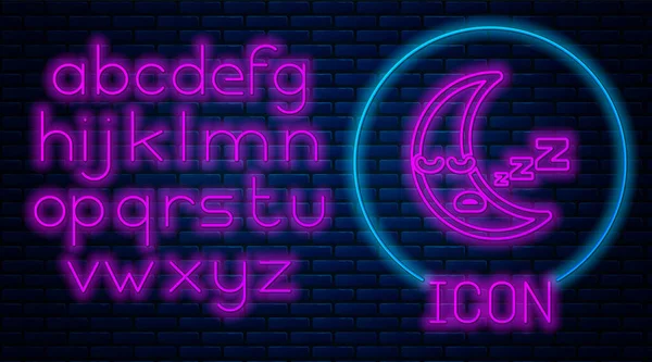 Zářící neon Měsíc ikona izolované na cihlové zdi pozadí. Zatažená noční značka. Symbol spánku. Noc nebo noční směna. Neonová světlá abeceda. Vektorová ilustrace — Stockový vektor