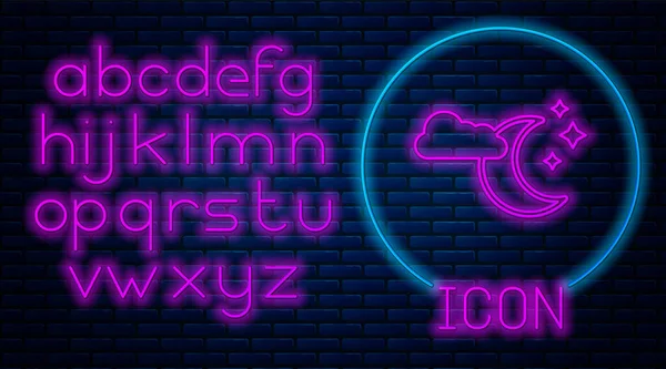 Glowing neon Cloud with moon and stars icon isolated on brick wall background. Cloudy night sign. Sleep dreams symbol. Night or bed time sign. Neon light alphabet. Vector Illustration — Stock Vector