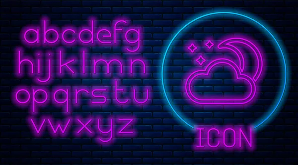 Gloeiende neon wolk met maan en sterren icoon geïsoleerd op bakstenen muur achtergrond. Bewolkte nacht teken. Slaap dromen symbool. Nacht of bed tijd teken. Neon licht alfabet. Vector illustratie — Stockvector