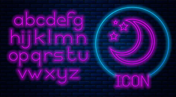 Glowing neon Moon and stars icon isolated on brick wall background. Neon light alphabet. Vector Illustration — Stock Vector