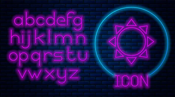 Glowing neon Sun icon isolated on brick wall background. Neon light alphabet. Vector Illustration — Stock Vector