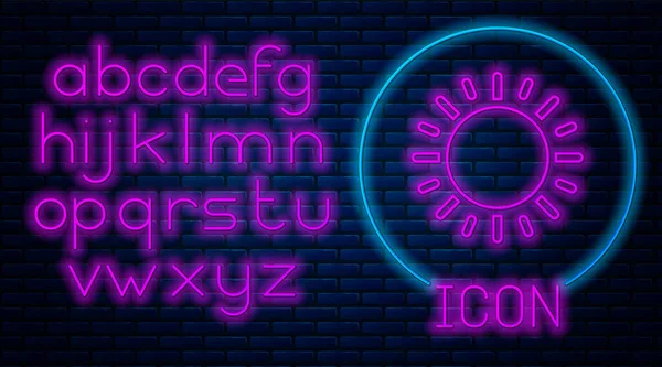 Izzó neon v. ikon izolált téglafal háttérben. Neonfény ábécé. Vektoros illusztráció — Stock Vector