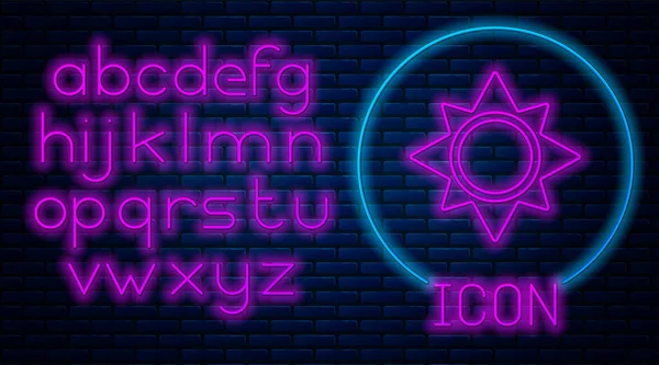 Gloeiende neon zon pictogram geïsoleerd op bakstenen muur achtergrond. Neon licht alfabet. Vector illustratie — Stockvector