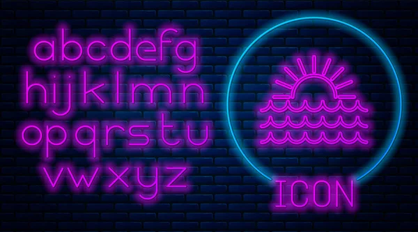 Glowing neon Sunset icon isolated on brick wall background. Neon light alphabet. Vector Illustration — Stock Vector