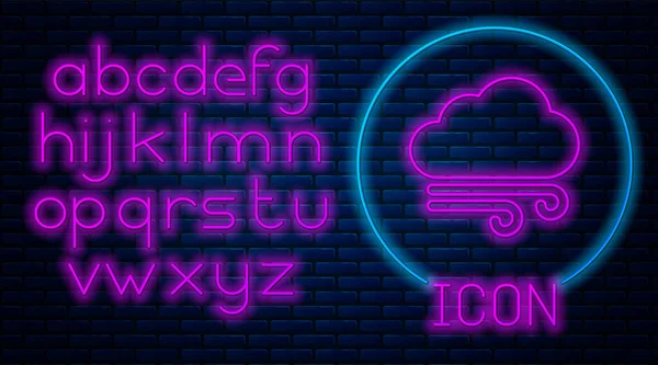 Gloeiende neon Winderig weer pictogram geïsoleerd op bakstenen muur achtergrond. Wolk en wind. Neon licht alfabet. Vector Illustratie — Stockvector