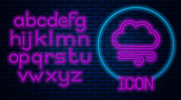 Gloeiende neon Winderig weer pictogram geïsoleerd op bakstenen muur achtergrond. Wolk en wind. Neon licht alfabet. Vector Illustratie — Stockvector