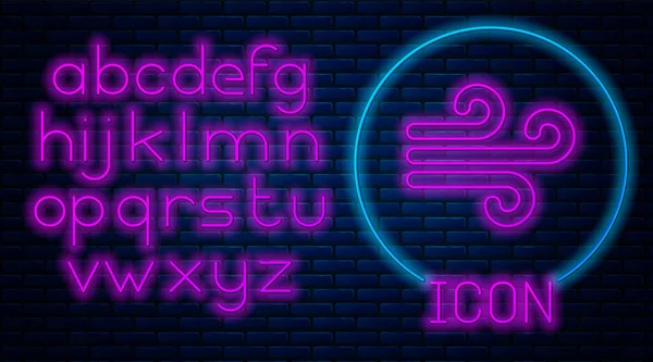 Gloeiende neon Wind pictogram geïsoleerd op baksteen muur achtergrond. Winderig weer. Neon licht alfabet. Vector Illustratie — Stockvector