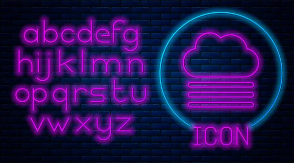 Lumineux néon Brouillard et icône nuage isolés sur fond de mur de briques. Alphabet néon. Illustration vectorielle — Image vectorielle