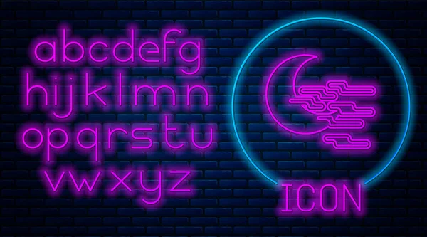 Glödande neon Dimma och månen ikon isolerad på tegel vägg bakgrund. Neonljus alfabet. Vektor Illustration — Stock vektor