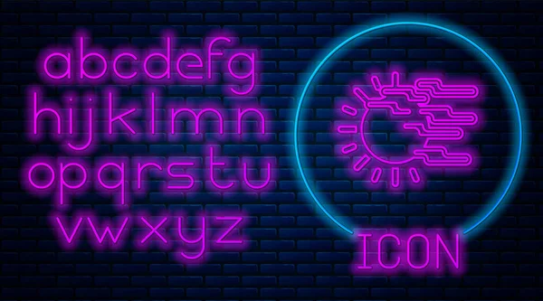 Gloeiende neon mist en zon pictogram geïsoleerd op baksteen muur achtergrond. Neon licht alfabet. Vector Illustratie — Stockvector