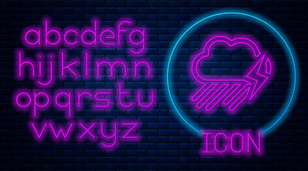 Glowing neon Cloud with rain and lightning icon isolated on brick wall background. Rain cloud precipitation with rain drops.Weather icon of storm. Neon light alphabet. Vector Illustration — Stock Vector