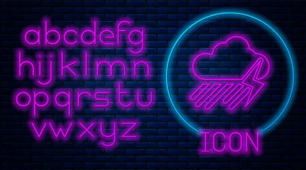 Glowing neon Cloud with rain and lightning icon isolated on brick wall background. Rain cloud precipitation with rain drops.Weather icon of storm. Neon light alphabet. Vector Illustration — Stock Vector