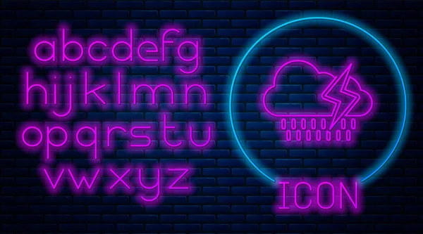 Glowing neon Cloud with rain and lightning icon isolated on brick wall background. Rain cloud precipitation with rain drops.Weather icon of storm. Neon light alphabet. Vector Illustration — Stock Vector