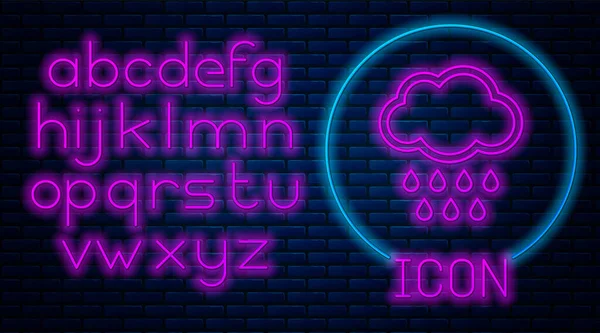 Świecące Neon chmura z ikoną deszczu na białym tle na tle muru ceglanego. Opady deszczu w chmurach opadowych. Neon światła alfabetu. Ilustracja wektorowa — Wektor stockowy