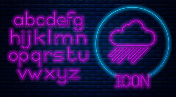 Glowing neon Cloud with rain icon isolated on brick wall background. Rain cloud precipitation with rain drops. Neon light alphabet. Vector Illustration — Stock Vector