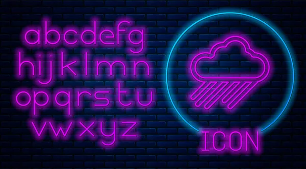 Glowing neon Cloud with rain icon isolated on brick wall background. Rain cloud precipitation with rain drops. Neon light alphabet. Vector Illustration — Stock Vector