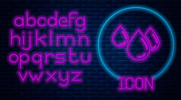 Gloeiende neon Water drop icoon geïsoleerd op baksteen muur achtergrond. Neon licht alfabet. Vector Illustratie — Stockvector