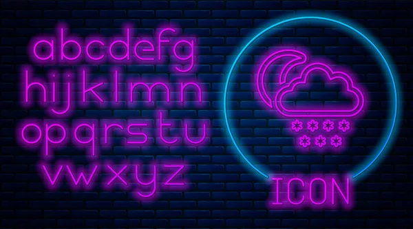 Gloeiende neon Wolk met sneeuw en maan pictogram geïsoleerd op bakstenen muur achtergrond. Wolk met sneeuwvlokken. Eenmalig weerpictogram. Snoeibord. Neon licht alfabet. Vector Illustratie — Stockvector