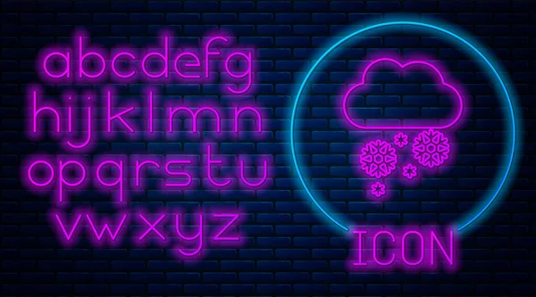 Nuvem de néon brilhante com ícone de neve isolado no fundo da parede de tijolo. Nuvem com flocos de neve. Ícone meteorológico único. Sinal de nevar. Alfabeto claro de néon. Ilustração vetorial — Vetor de Stock