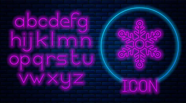 Gloeiende neon Snowflake icoon geïsoleerd op bakstenen muur achtergrond. Neon licht alfabet. Vector Illustratie — Stockvector