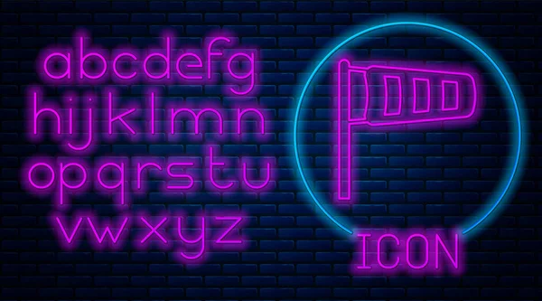 Leuchtende Neon Cone Meteorologie Windsack Windfahne Symbol isoliert auf Backsteinwand Hintergrund. Windsack gibt die Richtung und Stärke des Windes an. Neonlicht-Alphabet. Vektorillustration — Stockvektor