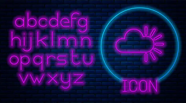 Gloeiende neon Cloudy icoon geïsoleerd op bakstenen muur achtergrond. Neon licht alfabet. Vector Illustratie — Stockvector