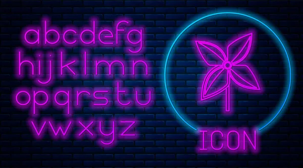 Ragyogó neon Pinwheel ikon elszigetelt téglafal háttér. Szélmalom játék ikon. Neonfény ábécé. Vektorillusztráció — Stock Vector