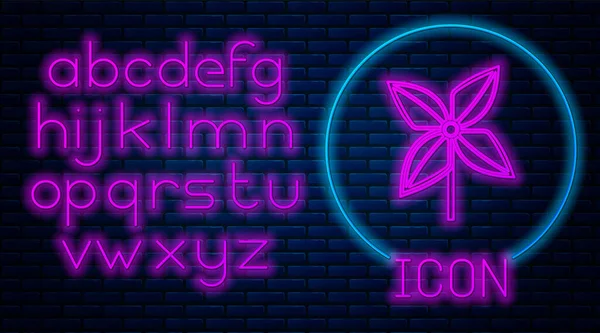 Leuchtende Neonwindrad-Symbol isoliert auf Backsteinwand Hintergrund. Windrad-Spielzeugikone. Neonlicht-Alphabet. Vektorillustration — Stockvektor