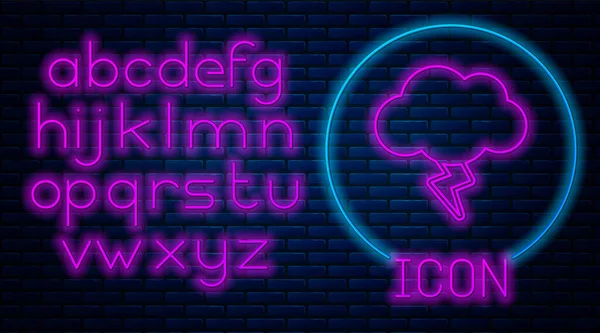 Leuchtende Neon-Sturm-Ikone isoliert auf Backsteinmauer Hintergrund. Wolke und Blitz. Wetter-Ikone Sturm. Neonlicht-Alphabet. Vektorillustration — Stockvektor