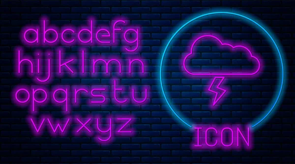 Świecąca ikona Neon Storm wyizolowana na tle muru ceglanego. Chmura i znak pioruna. Ikona pogody burzy. Neon światła alfabetu. Ilustracja wektorowa — Wektor stockowy