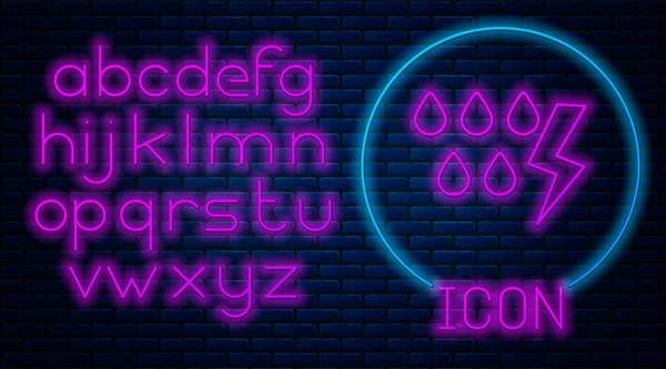 Ícone de tempestade neon brilhante isolado no fundo da parede de tijolo. Sinal de queda e relâmpago. Ícone meteorológico da tempestade. Alfabeto claro de néon. Ilustração vetorial — Vetor de Stock