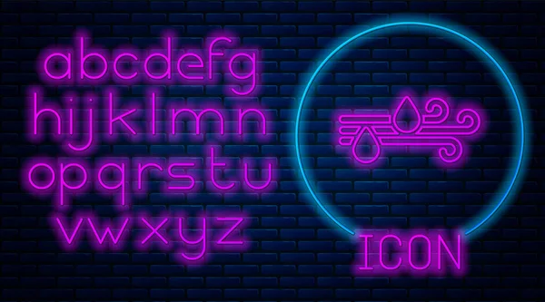 Świecący neon Ikona wiatru i deszczu odizolowana na ceglanym tle ściany. Pogoda wietrzna. Neonowy alfabet świetlny. Ilustracja wektora — Wektor stockowy