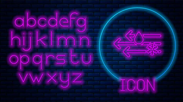 Gloeiende neon Wind en regen met sneeuw pictogram geïsoleerd op bakstenen muur achtergrond. Winderig weer. Neon licht alfabet. Vector Illustratie — Stockvector