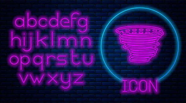 Leuchtende Neon-Tornado-Ikone isoliert auf Backsteinwand Hintergrund. Wirbelsturm, Wirbelsturm, Sturmtrichter, Hurrikan oder Wettersymbol. Neonlicht-Alphabet. Vektorillustration — Stockvektor