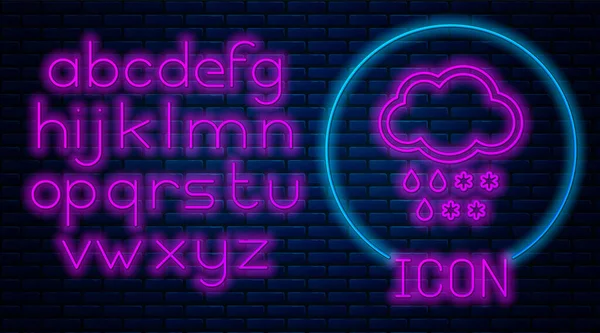 Izzó neon felhő hó és eső ikon izolált téglafal háttérben. Időjárás ikon. Neonfény ábécé. Vektoros illusztráció — Stock Vector