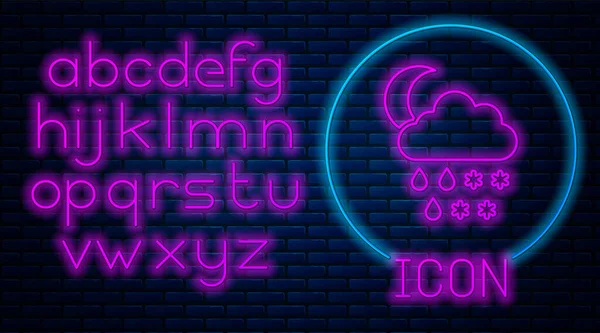 Glödande neon moln med snö, regn och måne ikon isolerad på tegel vägg bakgrund. Väderikonen. Neonljus alfabet. Vektor Illustration — Stock vektor