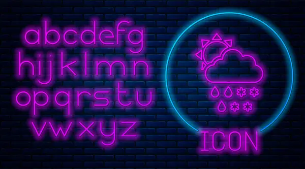 Nuvola al neon incandescente con icona di neve e pioggia isolata su sfondo muro di mattoni. Icona meteo. Alfabeto della luce al neon. Illustrazione vettoriale — Vettoriale Stock