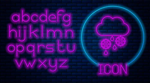 Leuchtende Neon-Wolke mit Schnee, Regen und Mond-Ikone isoliert auf Backsteinmauer Hintergrund. Wettersymbol. Neonlicht-Alphabet. Vektorillustration — Stockvektor