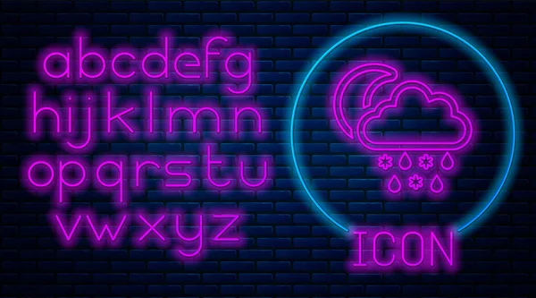 Glowing neon Cloud with snow and rain icon isolated on brick wall background. Weather icon. Neon light alphabet. Vector Illustration — Stock Vector