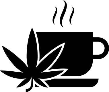 Beyaz arka plan üzerinde izole esrar veya esrar yaprağı simgesi ile Siyah Fincan çay. Marihuana yasallaştırma. Kenevir sembolü. Vektör İllüstrasyonu