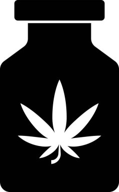 Esrar ya da kenevir yaprağı ikonu beyaz arka planda izole edilmiş siyah tıbbi şişe. Kavanozlardaki kenevir yağı özlerini taklit et. Vektör İllüstrasyonu